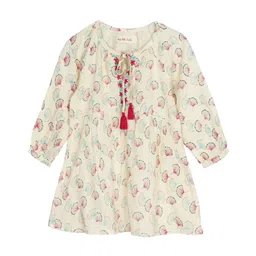 My Little Lambs Girls Beige and Red Conversational Printed A-Line Dress-image-59