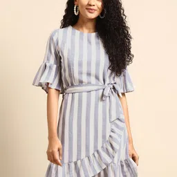 DODO & MOA Blue & White Striped A-Line Dress-image-95