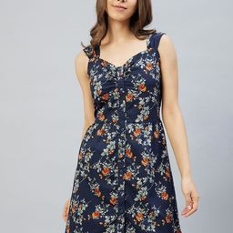 RARE Navy Blue Floral Crepe A-Line Dress-image-31