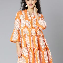 Oxolloxo Women Rust & White Floral Crepe A-Line Dress-picture-32