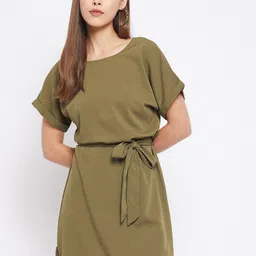 WineRed Olive Green Solid Extended Sleeves A-Line Dress With Belt-image-10