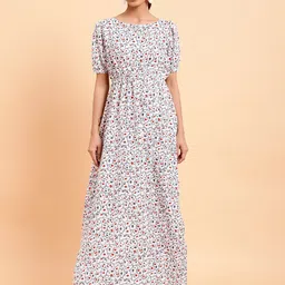 MINT STREET Puff Sleeves Print Crepe A-Line Dress-image-96