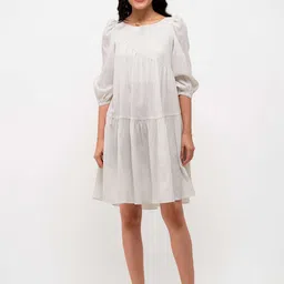 AASK Boat Neck Puff Sleeves A-Line Dress-image-9