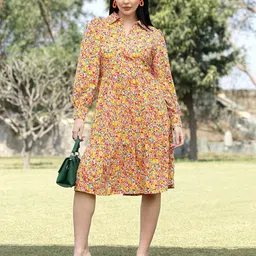 plusS Shirt Collar Long Cuffed Sleeves Floral Print A-Line Dress-picture-15