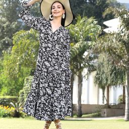 plusS Floral Print V Neck Long Bell Sleeves A-Line Dress-image-47