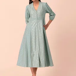 Rang by Indya Women teal Printed A-Line Midi Dresses-image-1