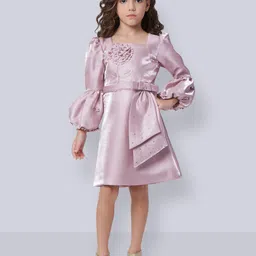 Peppermint Girls Square Neck Puff Sleeves Tie Up Floral Applique A-Line Dress-image-80