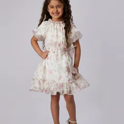 Peppermint Girls Floral Printed High Neck Puff Sleeves Gathered Detailed Fit & Flare Dress-picture-12