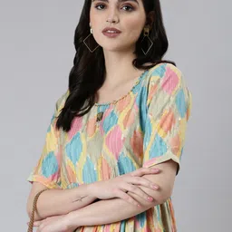 SHOWOFF Abstract Printed Embellished Fit and Flare Dress-7