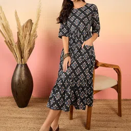 Sangria Ethnic Motif Kantha Boota Printed Flounce Cotton A-Line Ethnic Dresses-image-51