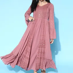 Sangria Pink Sequined Mirror Work Georgette Maxi Ethnic Dresses-image-56