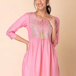 INDYA Embroidered Tie-Up Neck Zari A-Line Kurti-image-46