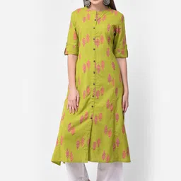 Pistaa Women Green & Pink Floral Printed Floral Cotton A-line Kurta-37