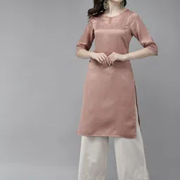 W Women Dusty Rose Solid Sequin Work Yoke Design Straight Kurta-image-42