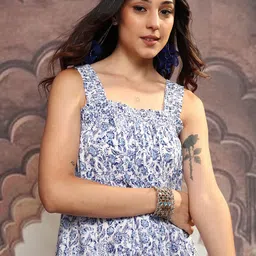Vishudh White & Blue Floral Printed Shoulder Straps Tiered A-Line Midi Dress-image-63