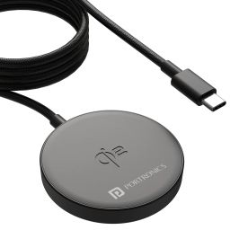 Black Portronics Quikk Wireless Mobile Charging Pad delivers fast 15W charging for iPhone, Samsung, and other Qi-enabled devices, ensuring seamless and safe wireless power-image-1