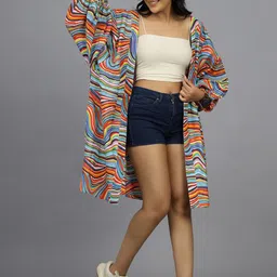 HANDICRAFT PALACE Abstract Printed Embellished Pure Cotton Longline Open Front Shrug image 5