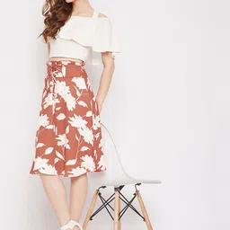 Berrylush Women Brown & White Floral Printed Knee-Length A-Line Skirt-picture-38
