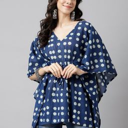 DECKEDUP Women Blue Print Kaftan Cotton Longline Top-image-31