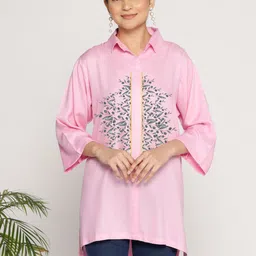 LetsDressUp Floral Printed Shirt Collar Extended Sleeves Longline Top-2