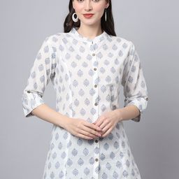 Divena Floral Printed Mandarin Collar Cotton Shirt Style Longline Top-picture-31