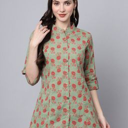 Divena Floral Printed Mandarin Collar Ethnic Cotton Shirt Style Longline Top-image-53