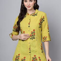 Divena Mandarin Collar Floral Print Ethnic Cotton Shirt Style Longline Top-image-93