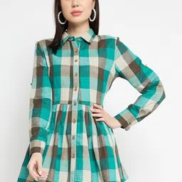 Ruhaans Green Checked Pure Cotton Shirt Style Longline Top-image-36