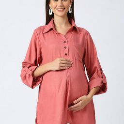 Mom For Sure by Ketki Dalal Roll-Up Sleeves Shirt Style Longline Maternity Top-image-29