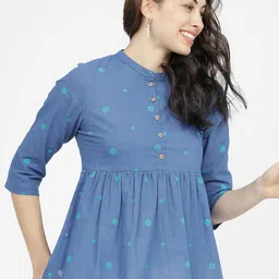 Vishudh Blue & Green Geometric Printed Mandarin Collar Pure Cotton Empire Top-22