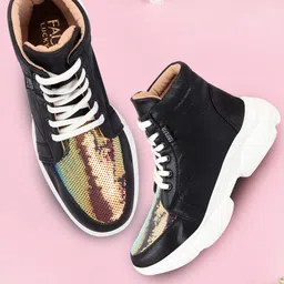FAUSTO Women Black High Ankle Lace Up Embellished Sneakers-picture-17