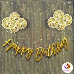Gold Birthday cursive Banner Decoration Set with confetti balloons & LED lights-18