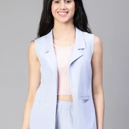 Women's Solid Blue Open Collared Sleeveless Cotton Waistcoat Striped Women Waistcoat-image-16