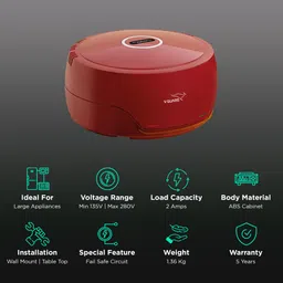 V-Guard 2 Amps Voltage Stabilizer For Up to 300 Liters Refrigerator (135 - 280 V, Fail Safe Circuit Protection, VG 50, Red) image 2