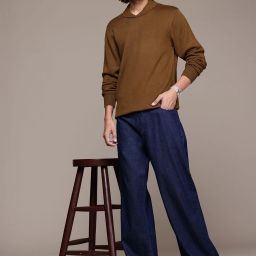 Men Solid Mandarin Neck Brown Sweater-image-97