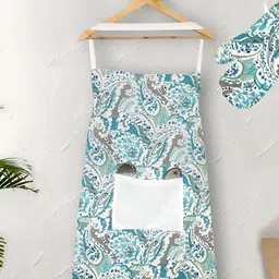 Texstylers 2 Pieces White & Blue Printed Cotton Apron With Gloves-image-89