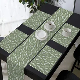 OASIS Green & White 5 Pieces Leaves Printed Cotton Table Mats with Runner-58
