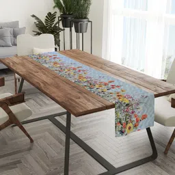Tasseled Home Blue & Red Floral Printed Velvet Rectangular Table Runner-17