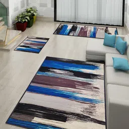Athom Trendz Blue Abstract Printed Anti-Skid Doormat, Runner & Carpet Set-48