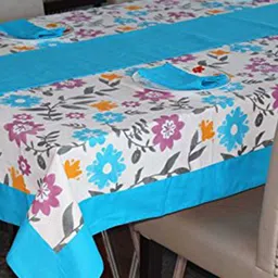 Lushomes White & Blue Printed 6 Seater Cotton Table Linen Set-47