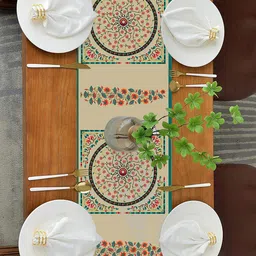 homewards Cream-Coloured & Green Printed Poly Canvas Rectangular Table Runner-16