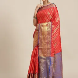 Silk Land Red & Blue Ethnic Motifs Zari Silk Blend Banarasi Saree-picture-44