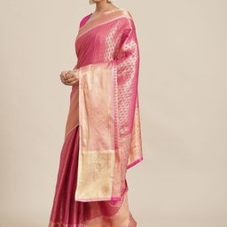 Silk Land Pink & Gold-Toned Ethnic Motifs Zari Silk Blend Banarasi Saree-image-39