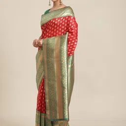 Silk Land Red & Green Ethnic Motifs Zari Art Silk Banarasi Saree-picture-29