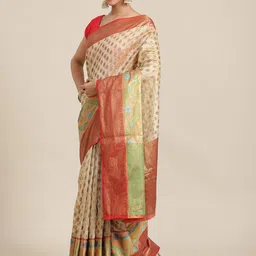 Silk Land Beige & Red Ethnic Motifs Zari Silk Blend Banarasi Saree-picture-39