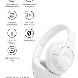 JBL White Tune 770NC 70Hr Playtime Fast Pair & Multi Connect On Ear Bluetooth Headset image 2