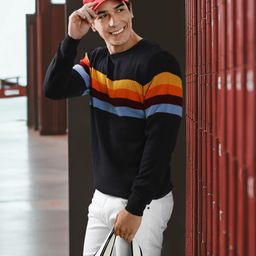Harvard Men Navy Blue Striped Revisited Nostalgia Cheerful Lanes Pullover-image-50