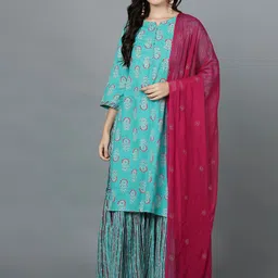 VEDANA Women Turquoise Blue Printed Pure Cotton Kurta with Sharara & With Dupatta-image-27