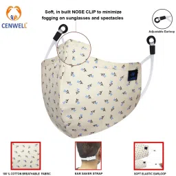 cenwell Pure Cotton Fabric Mask with NosePin , Adjustable loops , 6 layer for Men Women Designer Printed Face Mask Reusable, Washable Cloth Mask With Melt Blown Fabric Layer image 2