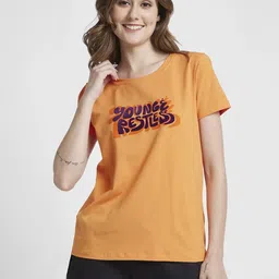 spykar Women Typography Round Neck Cotton Blend Orange T-Shirt-picture-34